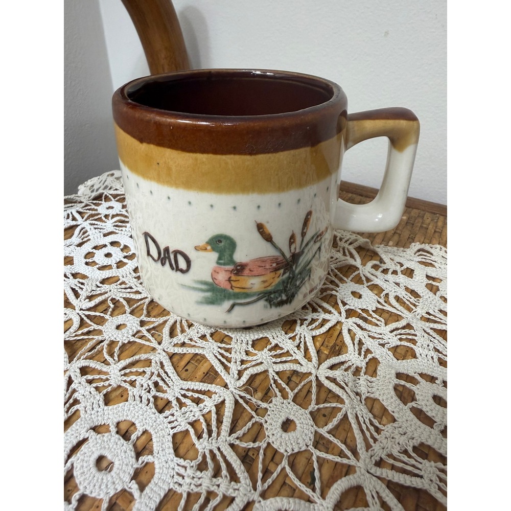 Vintage 1988 OTC Dad Mug Mallard Duck Cattails Brown Drip Glaze Stoneware Cabin